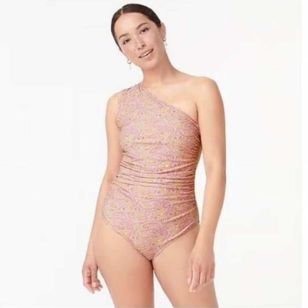 J. Crew One-Shoulder Paisley One-Piece in Pink and Yellow-Gold
